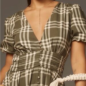 Anthropologie Olive and White Plaid V-Neck Button Dress